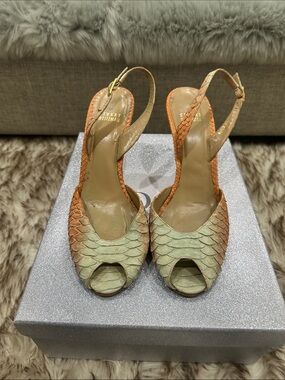STUART WEITZMAN Two-Tone Pure Python Slingback Heels in Green and Orange